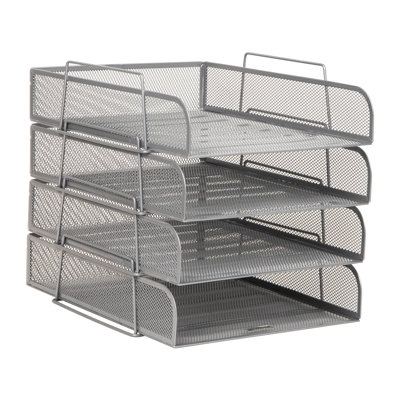Stackable Paper Tray, Desktop Organizer, File Storage, Office, Metal Mesh, 4 Pcs., SIlver