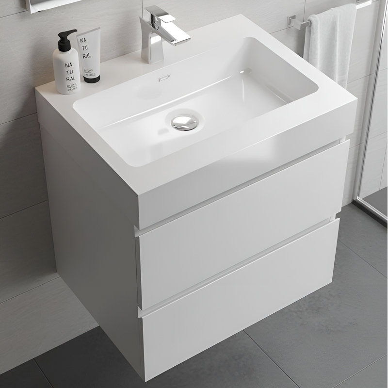 Meuble-lavabo simple mural 24 po avec surface solide avec trop-plein, 24 po, pré-assemblé, 24", Blanc, Blanc