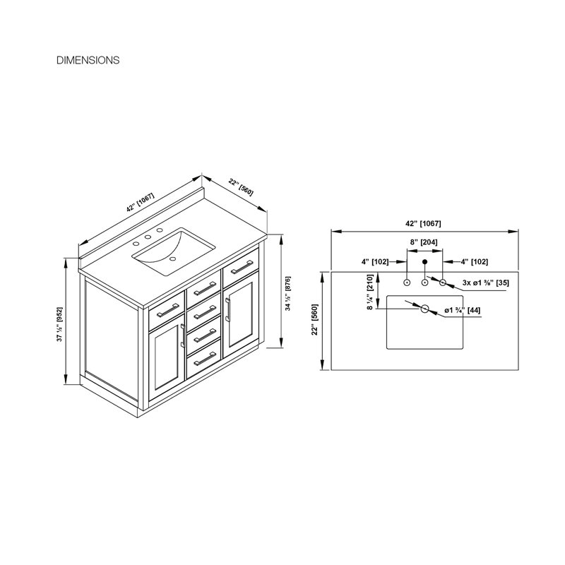Ensemble de meuble-lavabo autoportant simple en lattes d'amande 42 po Athea avec comptoir en marbre blanc Athea, Brun, Black