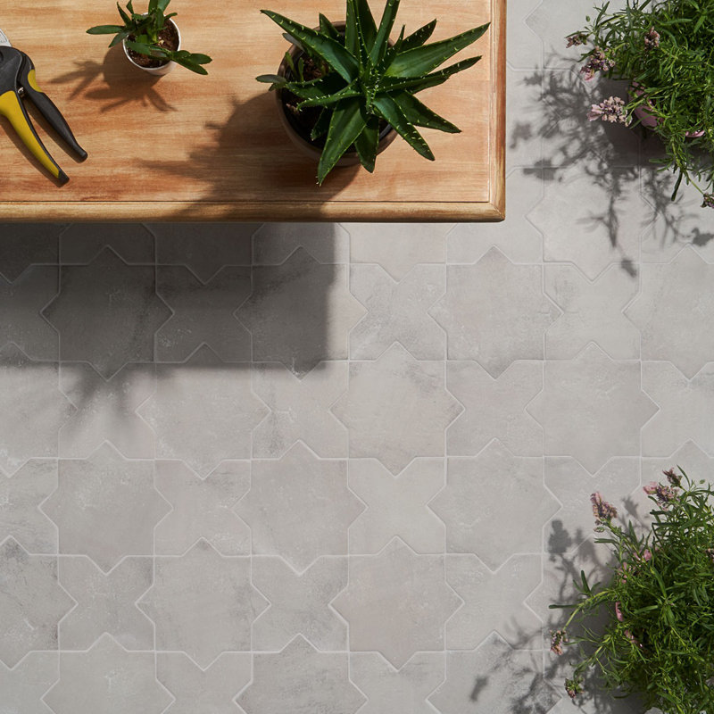 Parma Star and Cross 6" Terracotta Look Porcelain Tile, Gray