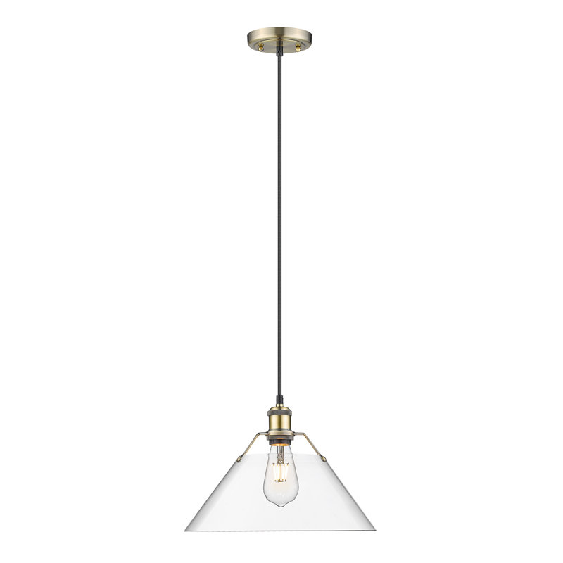 Luminaire suspendu conique à 1 lumière Weatherford, Laiton vieilli, H 131,5 po x l 14 po x P 14 po, Verre transparent