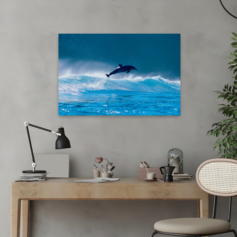 Art contemporain de dauphin commun brisant dans la mer, H 16 po x l 24 po