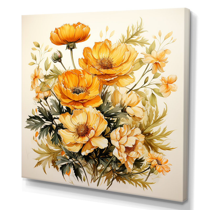 Marigold Majesty Bouquet II - Art mural souci, H 16 po x l 16 po x P 1 po, Toile tendue