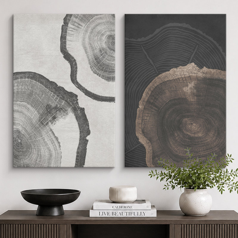 «Tree Ring», souche de bois gris, œuvre d'art neutre, photos de cabane de ferme rustique, ensemble de 2 impressions sur toile encadrées, 16 x 24 x 2, 24 x 36 x 2