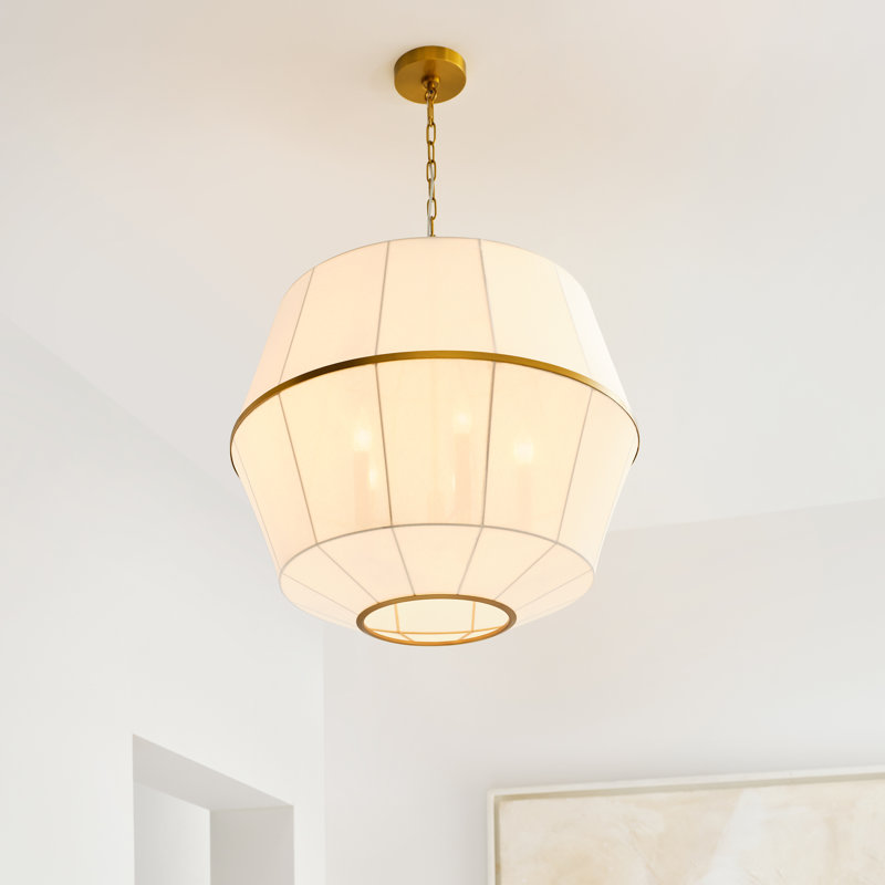 Ellen Degeneres Hikari 5 Light Dining Room Pendant With White Linen Shade, Burnished Brass, 91.125" H x 28" W x 28" D