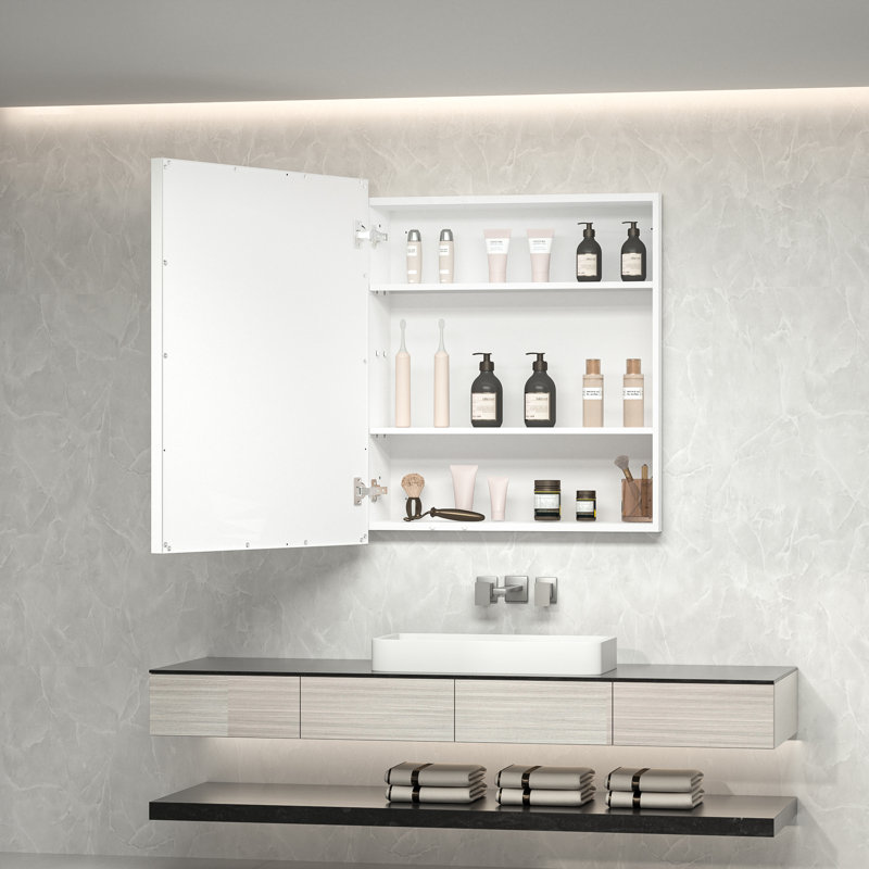Cyrille Recessed & Surface Framed Medicine Cabinet with Mirror and Shelves, 32" H x 30" W x 5.2" D, White