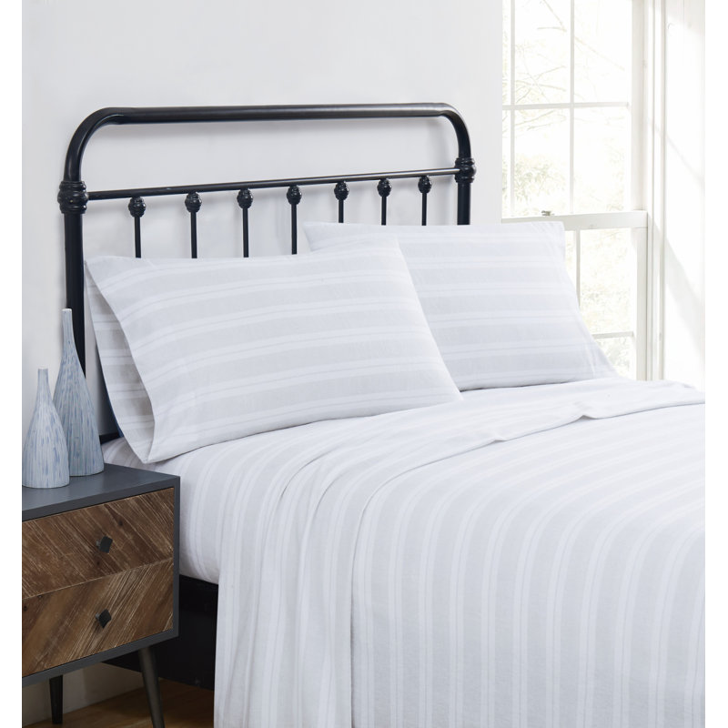 Traditional Cozy 100% Cotton Flannel Sheet Set, King Sheet Set + Fitted Sheet + 2 Pillowcases, Gray Striped