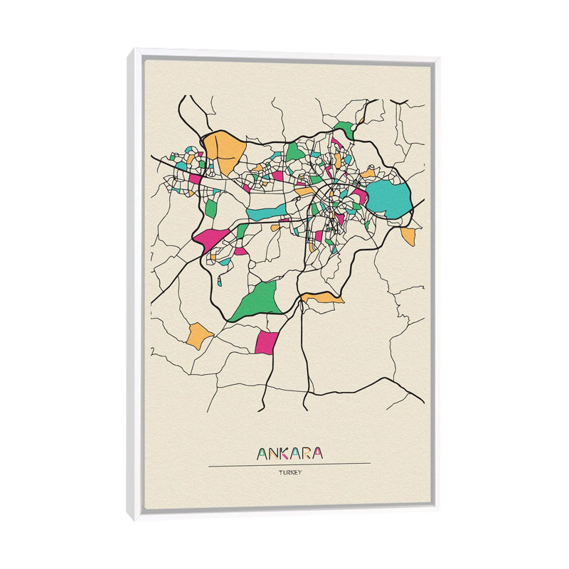 Ankara, Turkey Map by Ayse Deniz Akerman - Print on Canvas, White Floater Frame, 152.5 cm H x 101.5 cm W