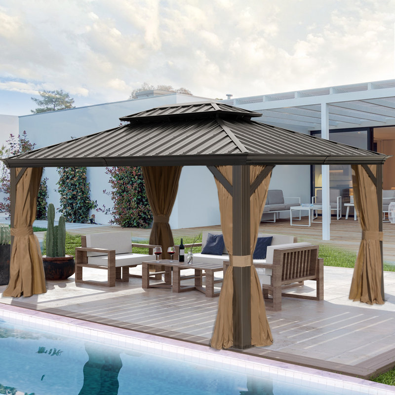 Abri de jardin pour patio en métal en aluminium mesurant l 16 pi P 8 pi., 12 pi. L 9,5 pi. D, Brun