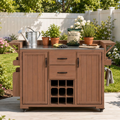 60.2'' Wooden Rolling Outdoor Kitchen Island with Stainless Steel Top, Drawers, Spice Rack and Wine Rack