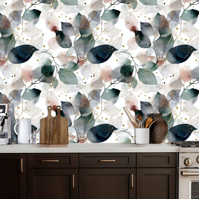 Peel and Stick PVC Wallpaper, Removable Self-Adhesive Wall Covering With Elegant Watercolor Nature Artwork Flowing Botanical Shapes Print, Waterproof for Home Decor - Roll
