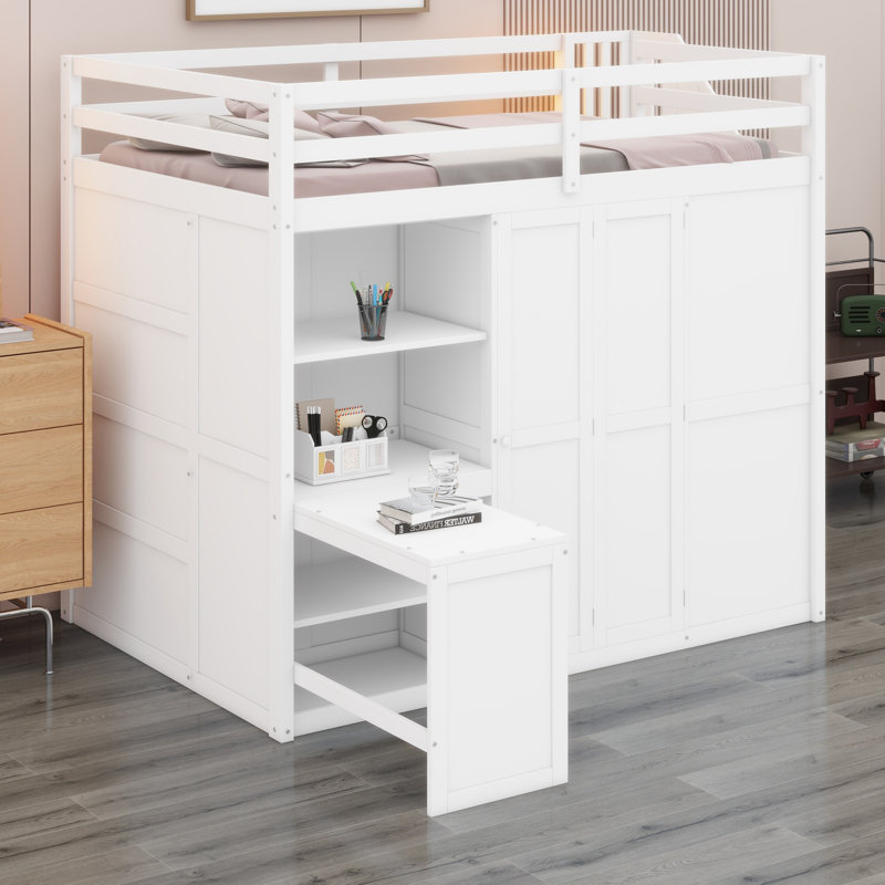 Lit mezzanine avec garde-robe, bureau et tablettes, Blanc