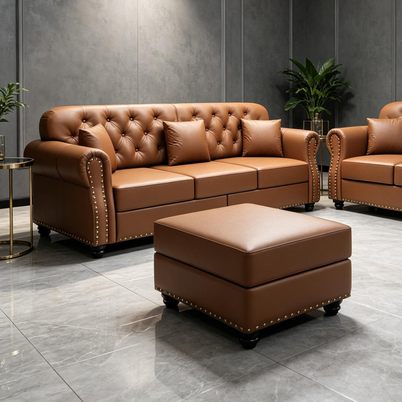 ENSEMBLE Canapé brun en similicuir 82,6 po avec repose-pieds (3 coussins)