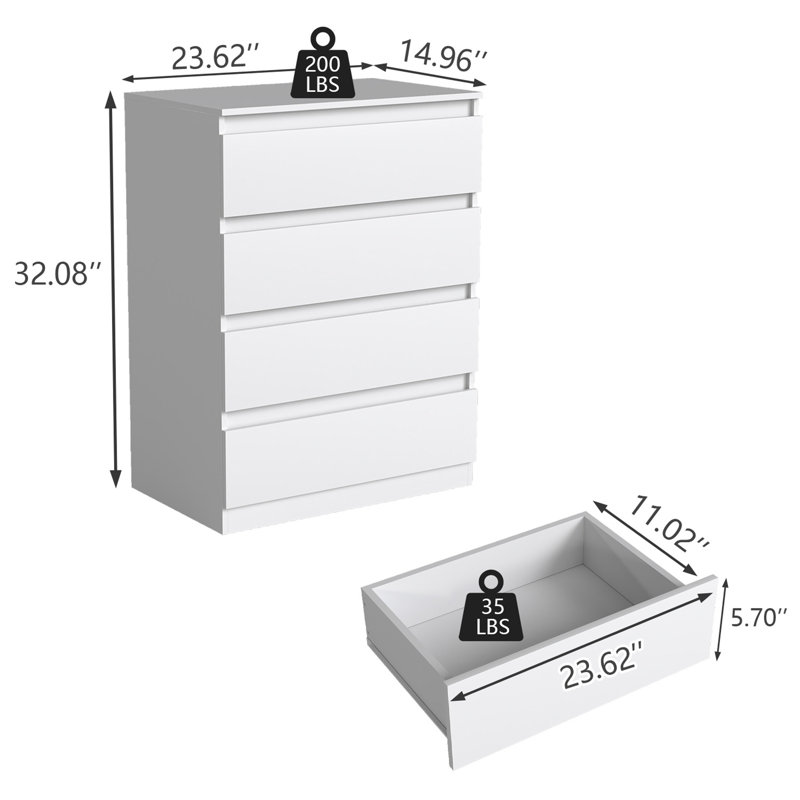 White 4-drawer Handle-free Dresser - Modern Wooden Tall Nightstand For Bedroom