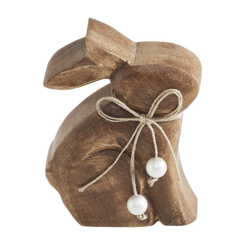 Lapin assis en bois naturel avec perles, H 4,25 po x l 5,5 po x P 1,5 po