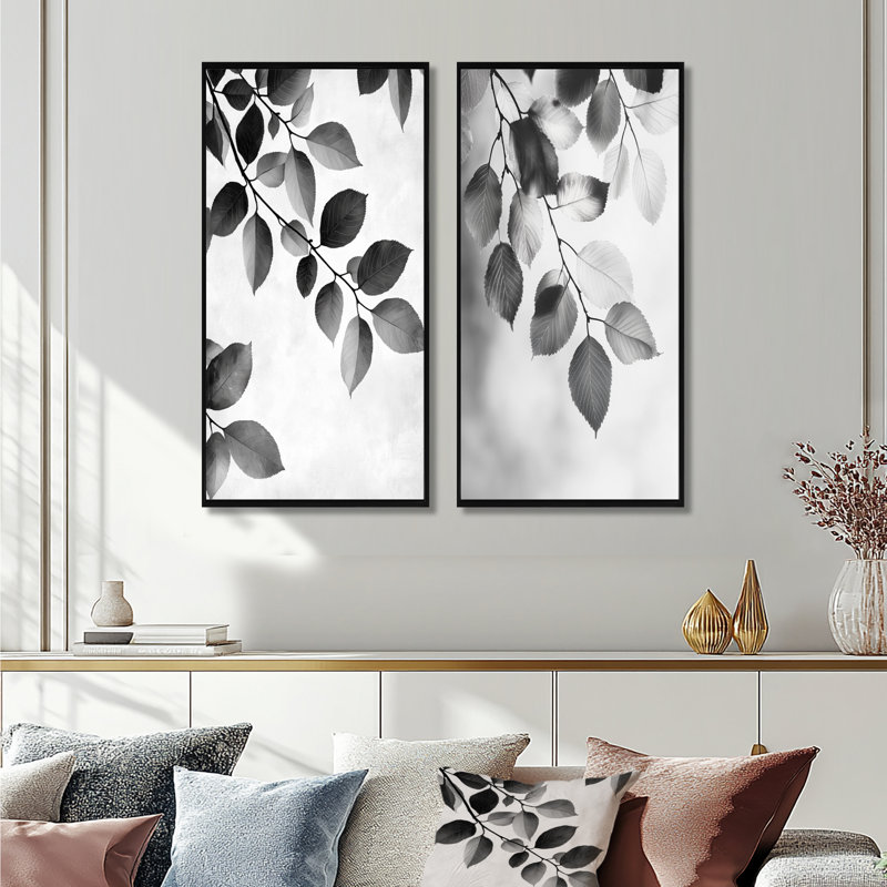 Feuilles noires et blanches, brise douce I - art mural floral 2 panneaux, H 28 po x l 25 po, Cadre flottant noir