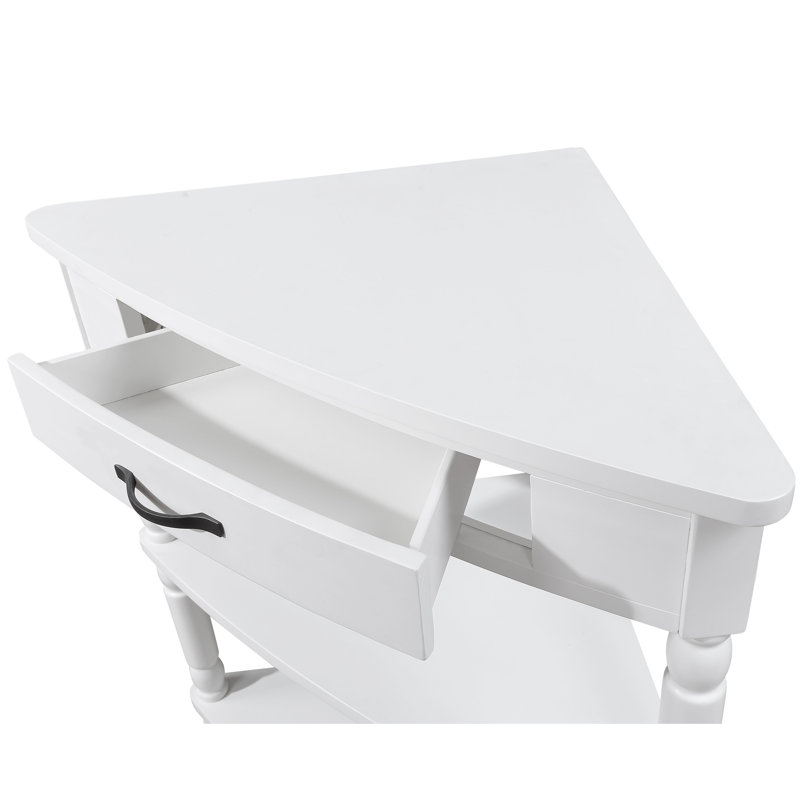 Petite table de coin triangulaire 33,8 po, table de coin en bois pour petits espaces / salon, table de bout à 3 niveaux avec pieds en bois massif, blanc laiteux