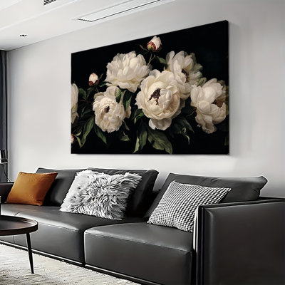 Moody Vintage Dark Peony Floral Still Life Art, Large Gallery Wrapped Canvas Wall Art Print for Living Room & Bedroom