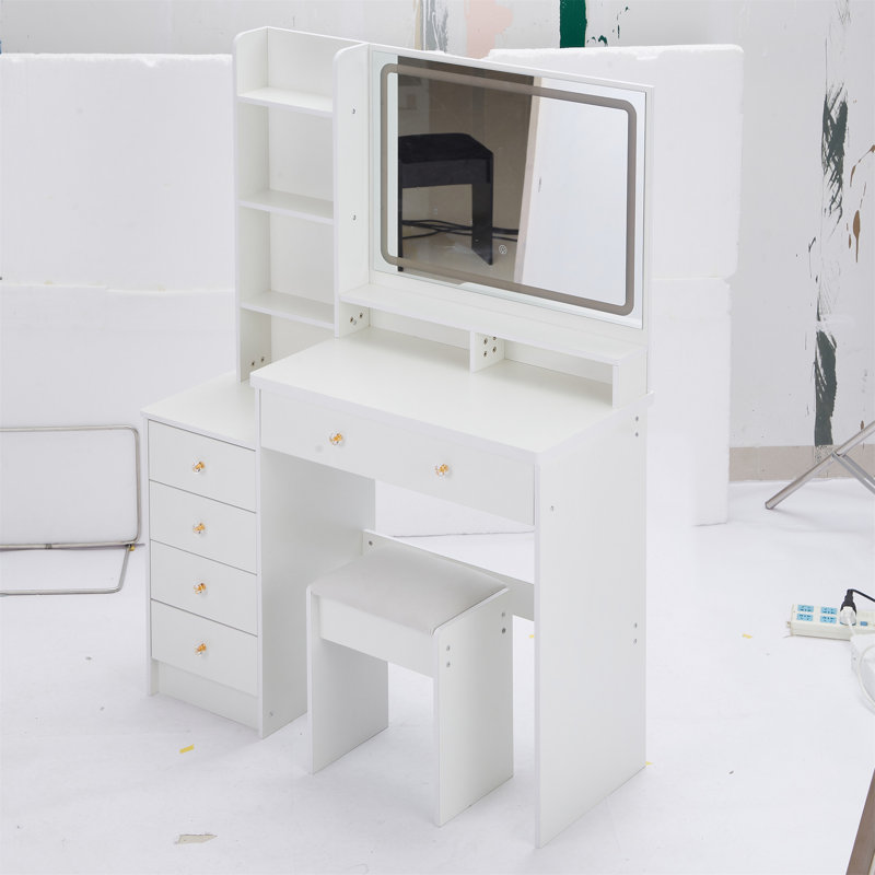 41" Large Size Left Bedside Cabinet Vanity Table+Cushioned Stool, Extra Large Touch Control LED Mirror, 3-Colour Switch, Multi Layer High Capacity Storage Fashionable Dresser, Suitable For Large Space