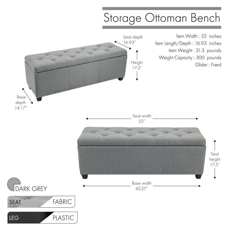 Allex Fabric Upholstered Storage Bench, Dark Grey