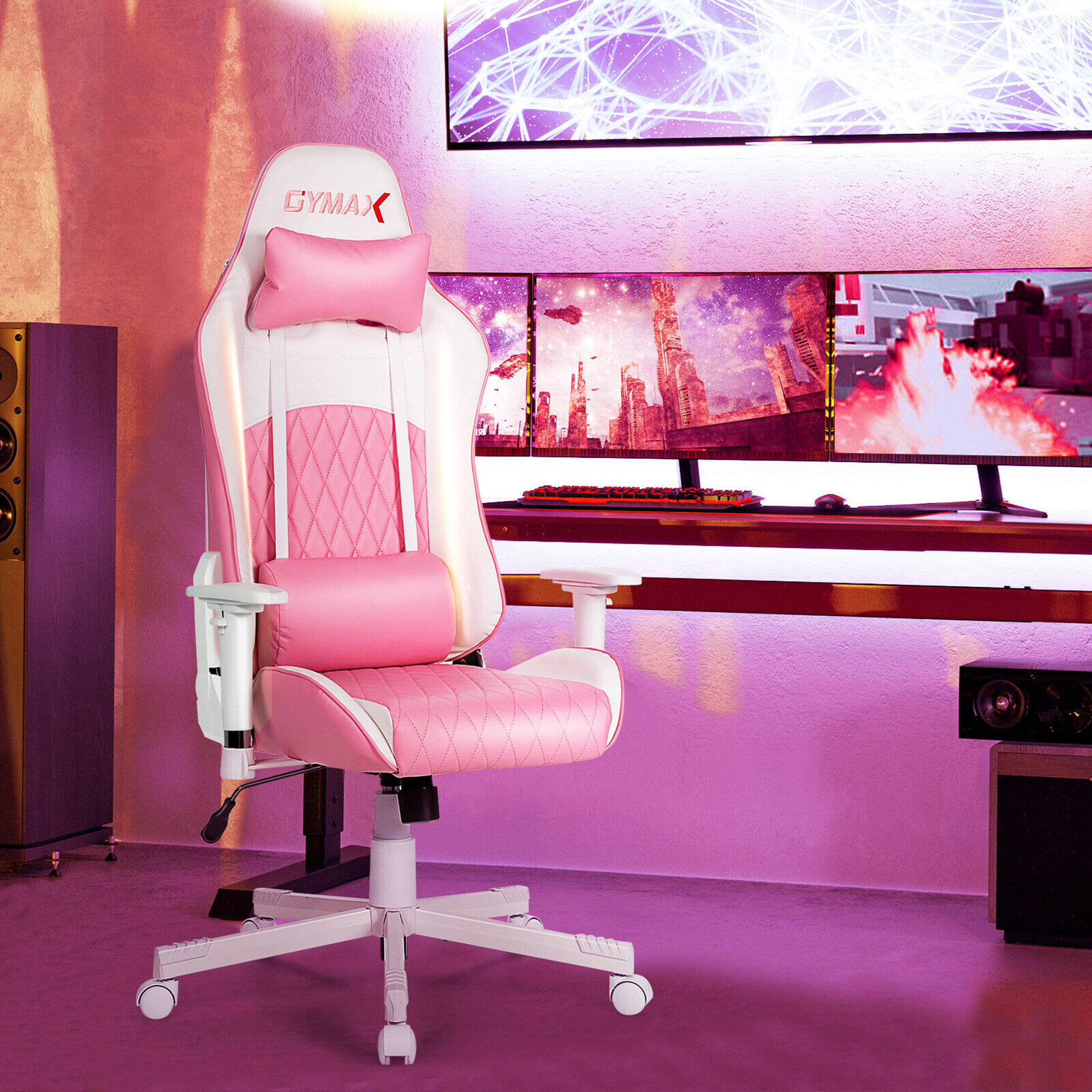 Inbox Zero Adjustable Reclining Ergonomic Faux Leather Swiveling PC &  Racing Game Chair with Footrest in Pink/White