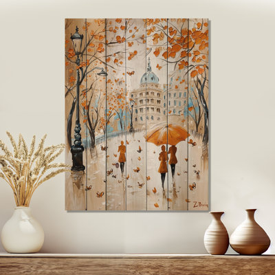 «Autumn Love Couple In Vienna», reproduction de bois orange industriel sur bois de pin naturel