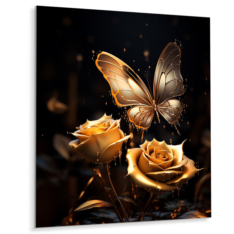 Or et papillon noir Essence de fleurs I - Art mural animal en métal avec papillon, H 40 po x l 30 po x P 1,5 po