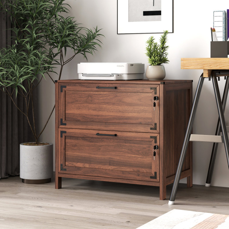 Classeur 2 tiroirs, classeur avec serrure pour bureau personnel, Noyer