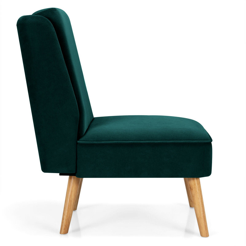Green Velvet Armless Accent Chair with Wood Legs