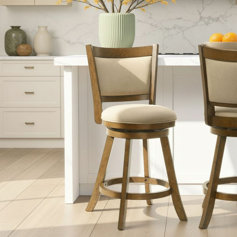 Aiden Modern Farmhouse Swivel Wood Counter Height Kitchen Bar Stool In Sepia Brown Finish With Grey Fabric Upholstered Seat - Set Of 4