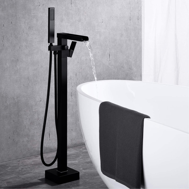 Bathroom Waterfall Tub Filler - Floor Mounted, With Lever Handle And Convenient Hand Shower Modern Mount, & Corrosion Resistance Quality For Durability