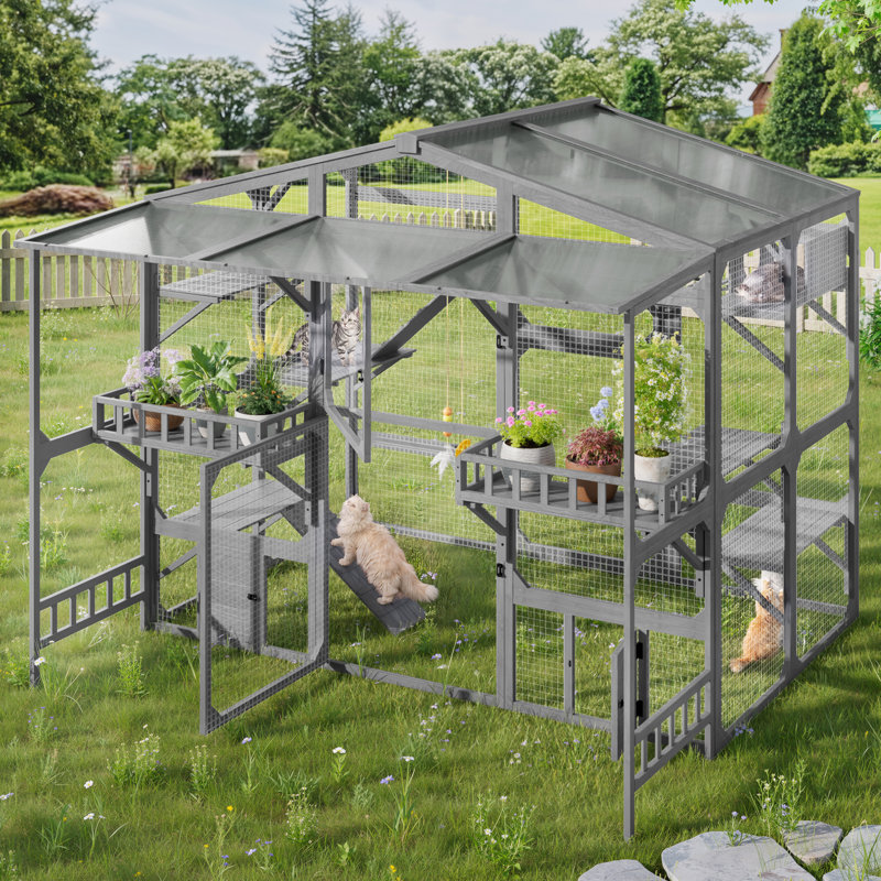 80"L x 77"W x 75"H - Cat Enclosure - Grey - PC,Pine - 1 Piece