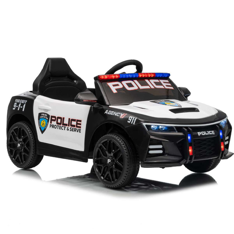 12V Ride On Police Car , 4.5AH Battery-Powered Electric Car For Kids, Remote Control, Bluetooth Music, Spring Suspension, LED Lights, 3 Speeds