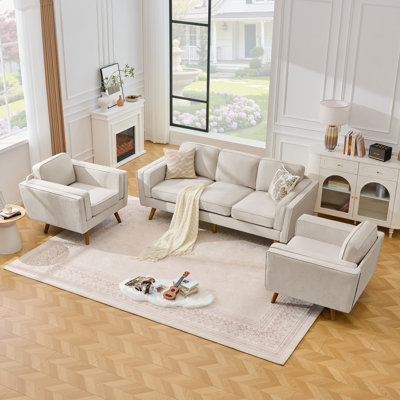 Mid-Century Modern 3-Piece Living Room Sofa Set, Includes  3-Seater Couch & 2 Armchairs, Tapered Wood Legs