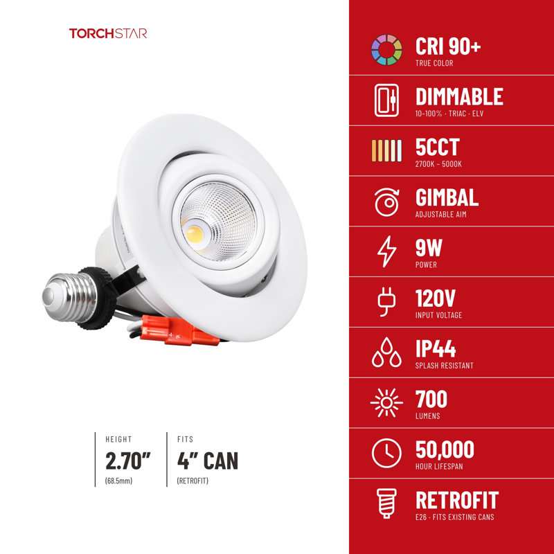 4" 5CCT Gimbal LED Eyeball Retrofit Recessed Light, Dimmable Adjustable LED Ceiling Downlight, CRI 90