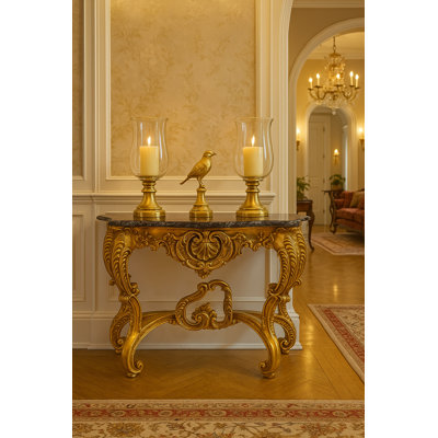 Console dorée sculptée à la main avec plateau en marbre noir véritable