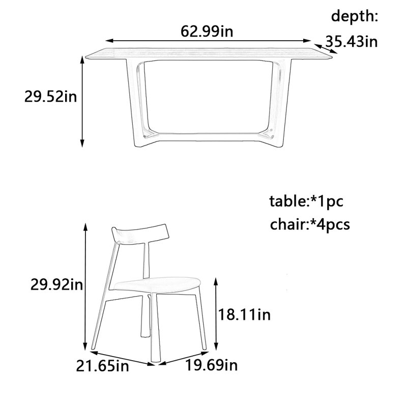 Nouvel ensemble de table et chaises en bois massif, H 29,52 po x L 62,99 po x l 35,43 po