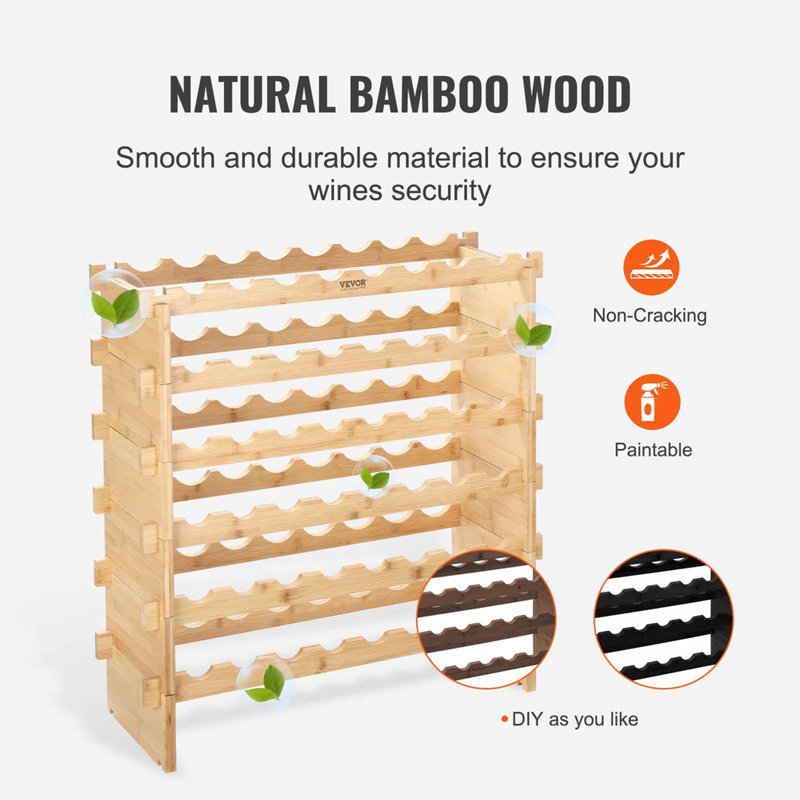 Support à vin en bambou naturel, classe de rangement modulaire empilable, assemblage sans outil de 5 min sans oscillation, bouteilles en forme de 750 ml robustes, pour présentoir de bar de cuisine autoportant
