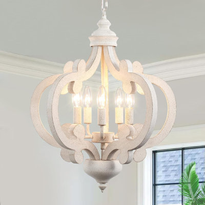 Lustres de style campagnard pour salle à manger, luminaires de style lustre champêtre blanc français à 5 lumières, lustre rustique en bois de 17,7 po pour le salon de la chambre à coucher