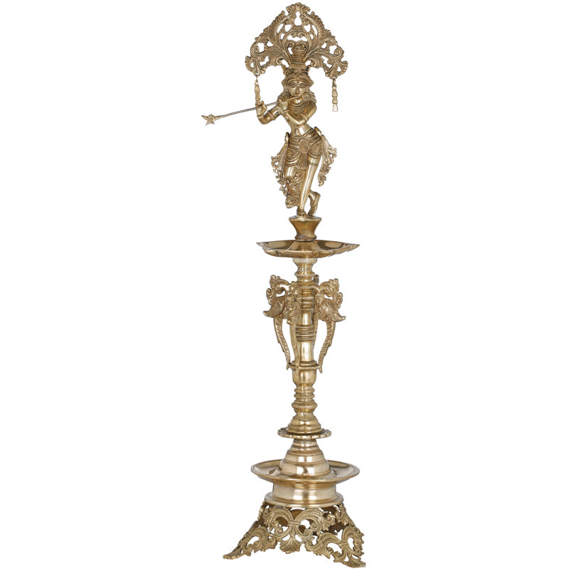 Grande lampe à huile 28 pouces en laiton fabriqué à la main en forme de seigneurs de l'Inde du Sud Krishna