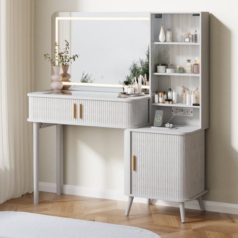 51" Fluted Makeup Vanity Desk with 36" Lighted Mirror, Glass Top, Drawers & Charging Station, Grayish White