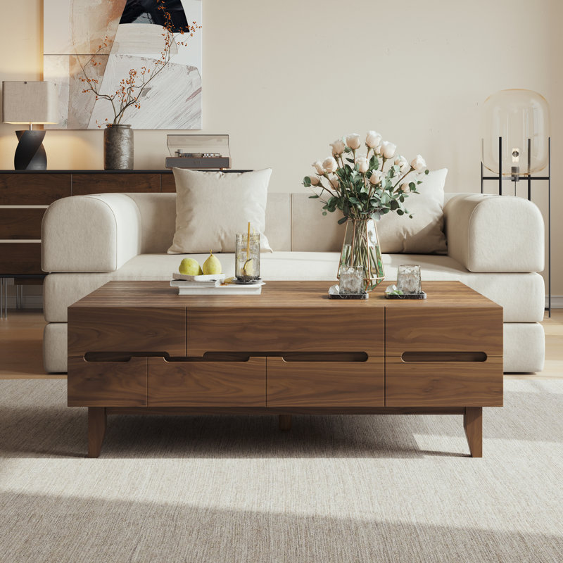 Table basse 51,2 po Table basse rectangulaire en bois de noyer Table basse Mid-Century moderne avec tiroirs de rangement