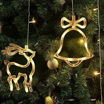 Christmas Curtain String Lights, 8.3 FT Linkable Warm White Window Fairy Lights With 12 Reindeer & Bell Pendants, 8 Modes Waterproof For Xmas Tree Holiday Party Decorations