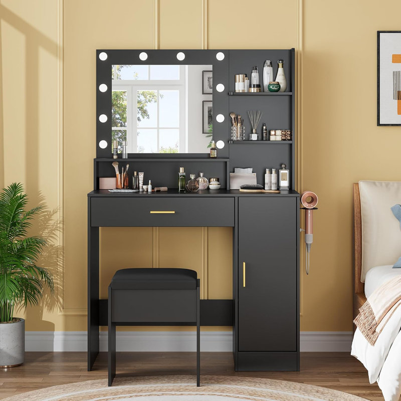 Meuble-lavabo 35,4 po avec miroir DEL intelligent à 3 niveaux et prise de courant, Noir