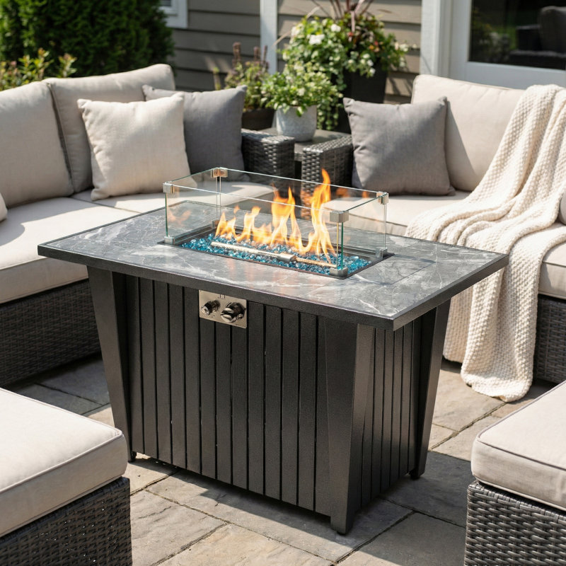 25'' H x 32'' W Raelynn Outdoor Propane Fire Pit Table: Unique Fence Base, Marble Ceramic Tabletop, Glass Wind Guard, Lid, Hideaway Gas Tank Seat, 50,000 BTU