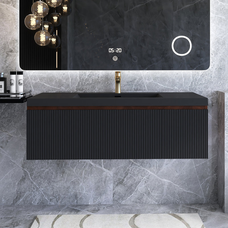 Meuble-lavabo mural moderne à rayures avec lavabo et tiroir à fermeture en douceur, 47"
