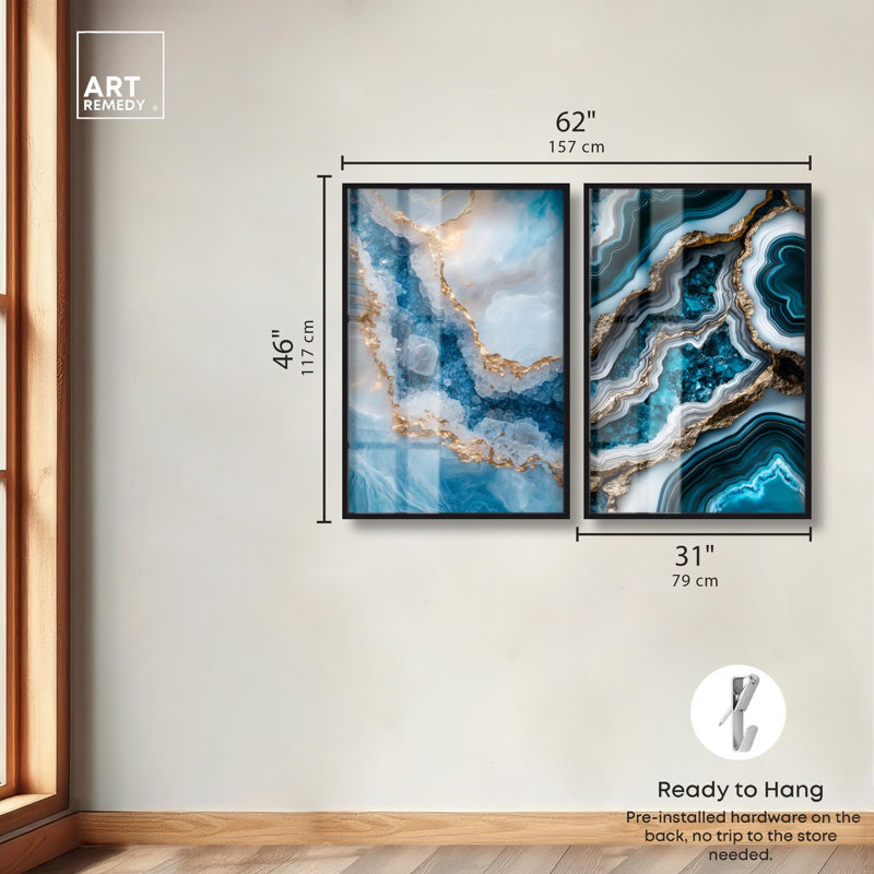 «Golden Geode Luxe Set Shadowbox», art mural bleu par Art Remedy, H 46 po x l 31 po, Noir