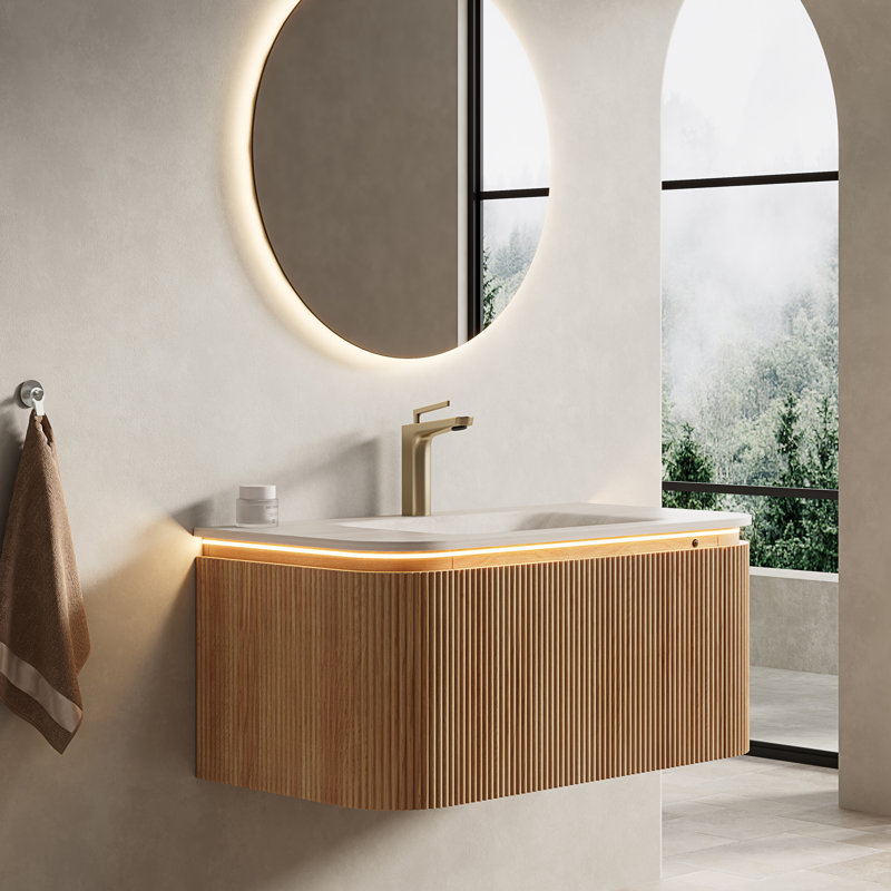 Meuble-lavabo flottant 36 po | Lavabo intégré en pierre frittée en travertin, lumière DEL à capteur, armoire en bois naturel rayé 3D, tiroir à fermeture en douceur