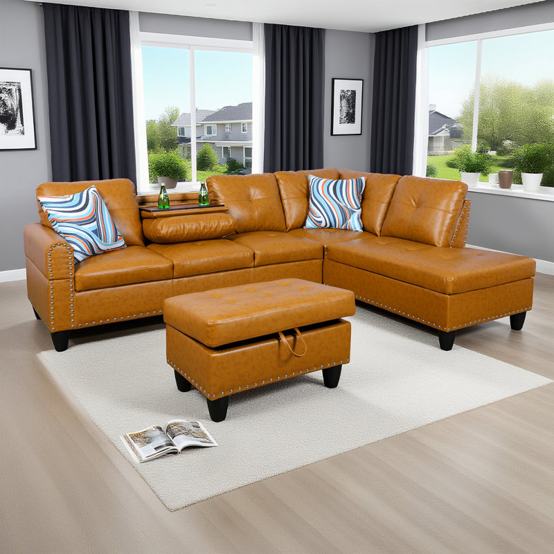 Canapé-lit modulaire convertible, ensemble de canapés-lits en L en similicuir à 4 places avec canapé-lit modulaire et porte-gobelet pour la maison, le salon, la chambre à coucher, le bureau, le gingembre et la droite