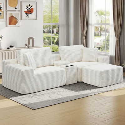 111.2" W Sectional Compression Sofa 4 Piece Corduroy Modular Boneless Cloud Couch With Center Console Storage & USB Charging & Cup Holders & Ottoman